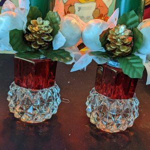 Beautiful Pair Indiana Glass Ruby Red And Crystal Diamond Point Candle Holders